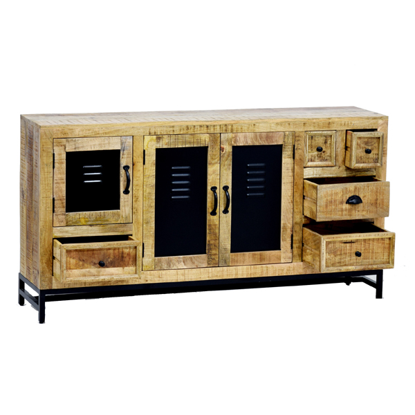 Iron wooden mango wood multi drawer storage cabinet