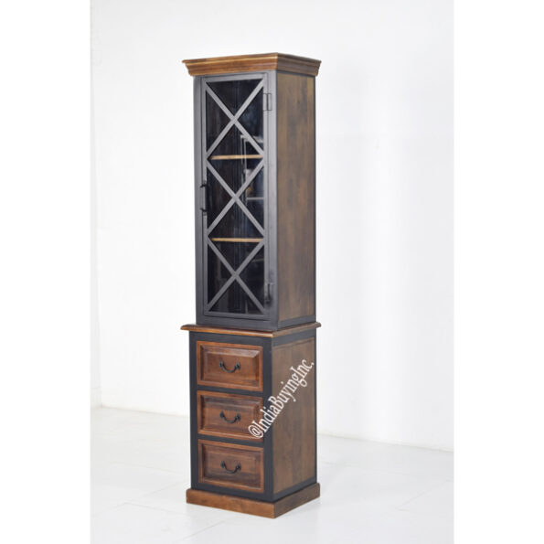 Industrial wooden display cabinet with glass cross-door shelving and storage drawers in vintage rustic finish.