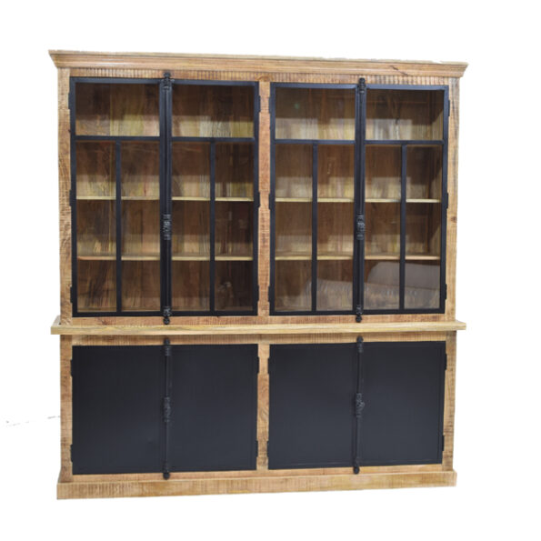 Industrial Design Solid Mango Wood Buffet Cabinet with Glass and Iron Door Large Size Double Part Display Cabinet for Home