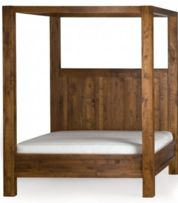 Premium solid mango wood canopy bed with thick block frame construction and natural rustic wood grain finish.