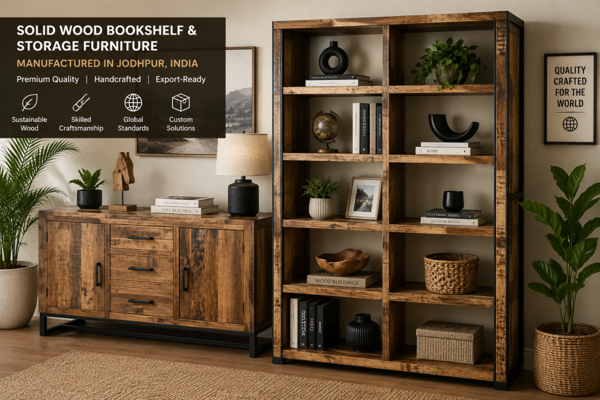 Solid wood bookshelf and storage furniture manufactured in Jodhpur India